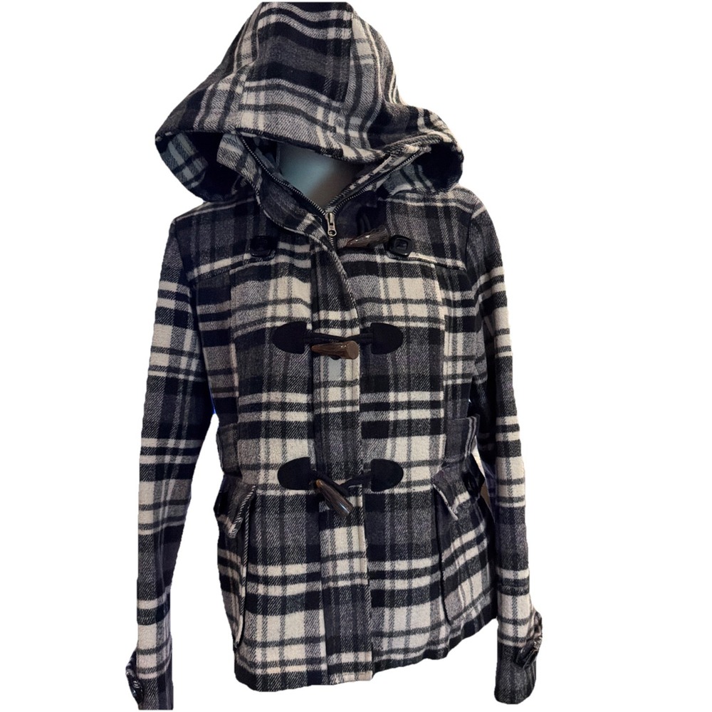 Hydraulic Short Pea Coat,‎ Womens Size L Black And White Plaid Detachable Hood